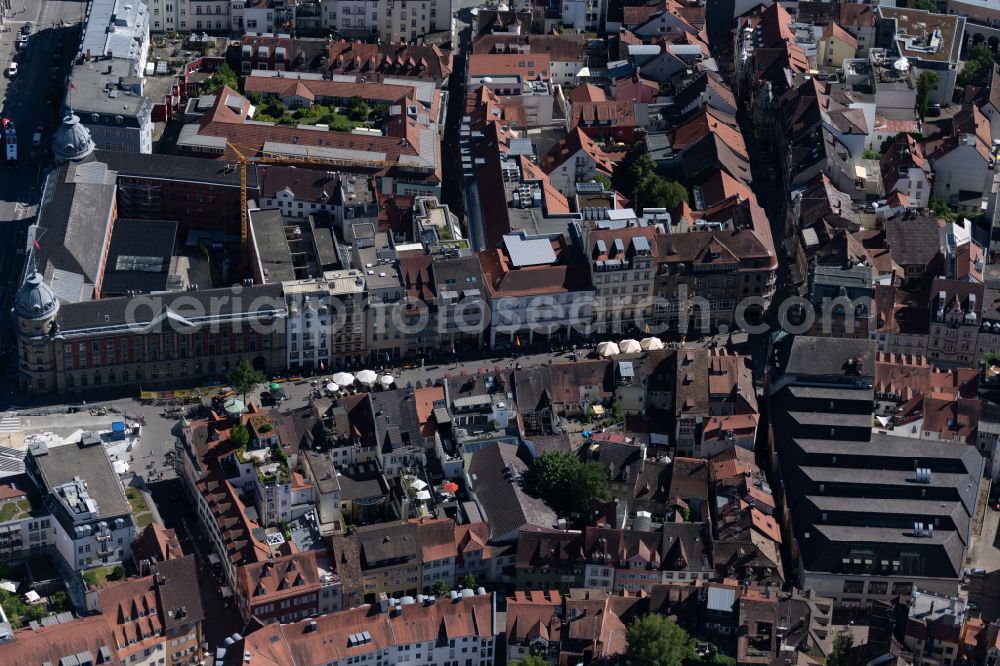 Konstanz from above - Street guide of famous promenade and shopping street Marktstaette in the district Altstadt in Konstanz at Bodensee in the state Baden-Wuerttemberg, Germany