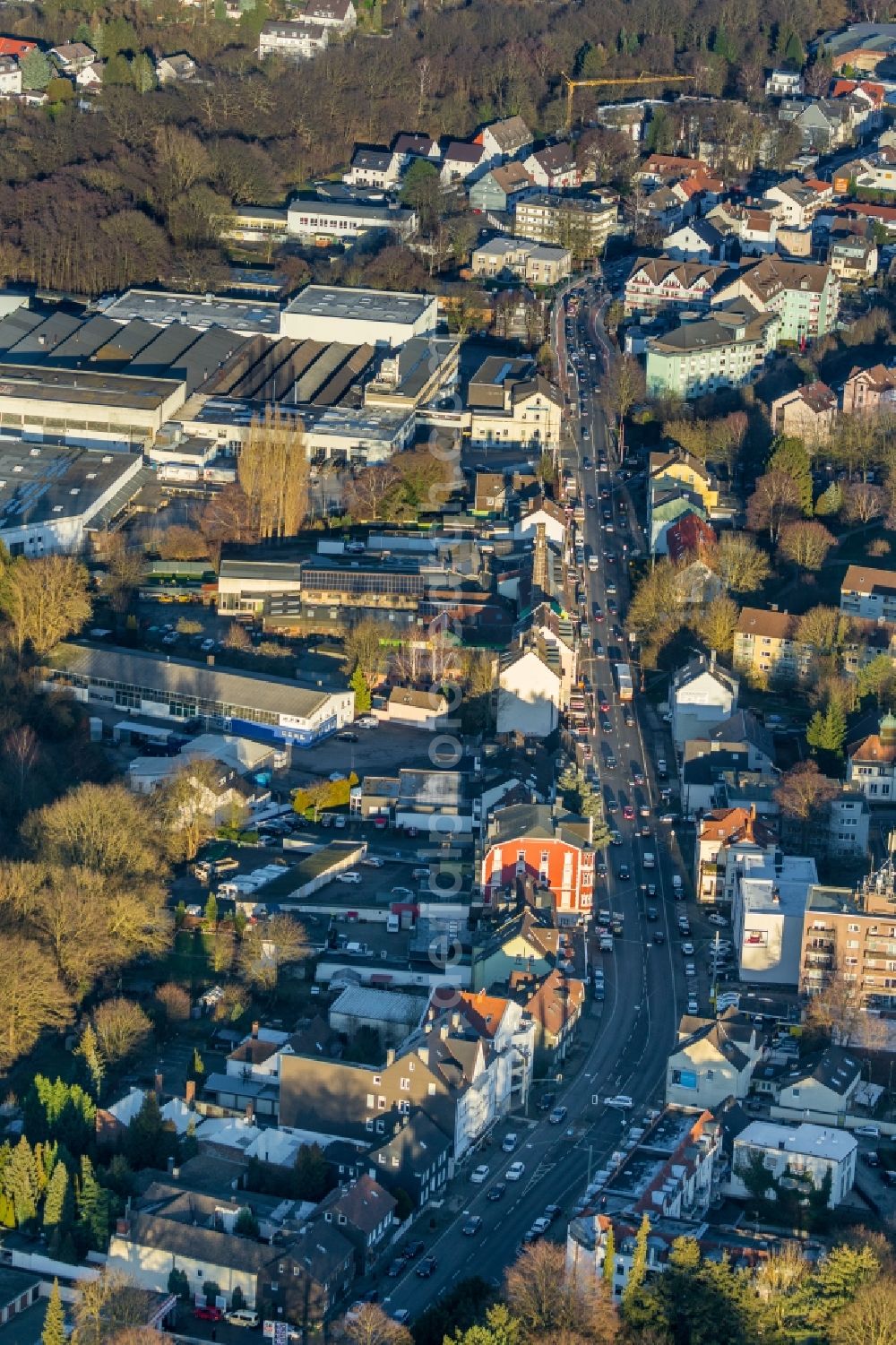 Gevelsberg from above - Street - road guidance of Hagener Strasse overlooking the company premises of the Titan Intertractor GmbH in the district Baukloh in Gevelsberg in the state North Rhine-Westphalia, Germany