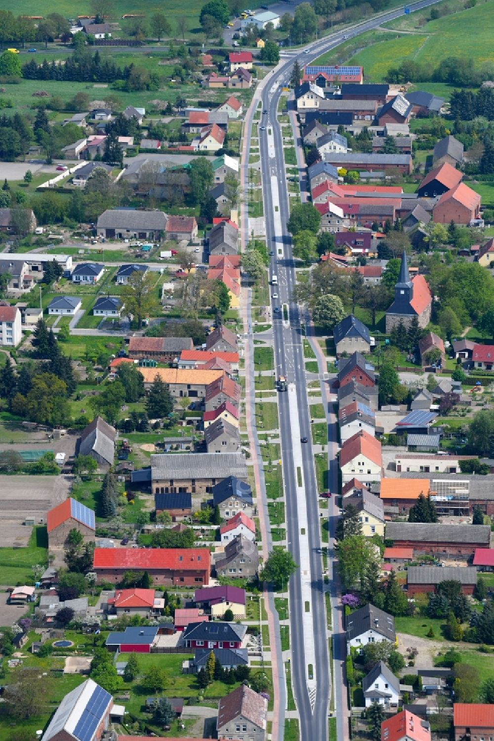 Dabergotz from above - Street - road guidance of Hauptstrasse in Dabergotz in the state Brandenburg, Germany