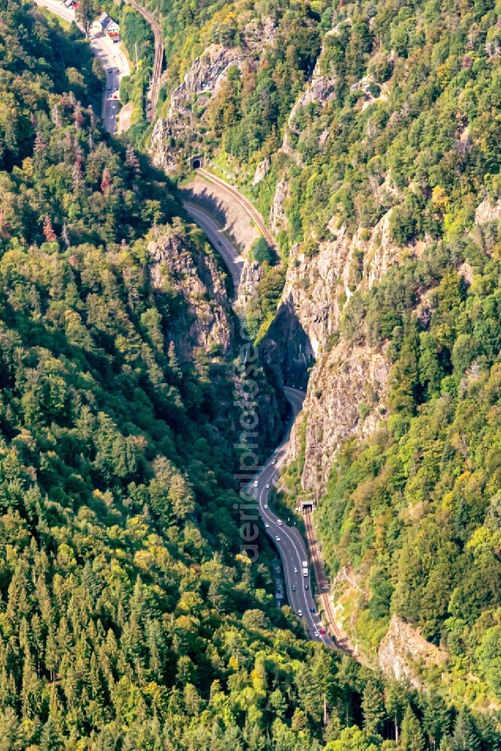 Aerial image Buchenbach - Street - road guidance of B31 in Hoellental bei Freiburg in Buchenbach in the state Baden-Wurttemberg, Germany