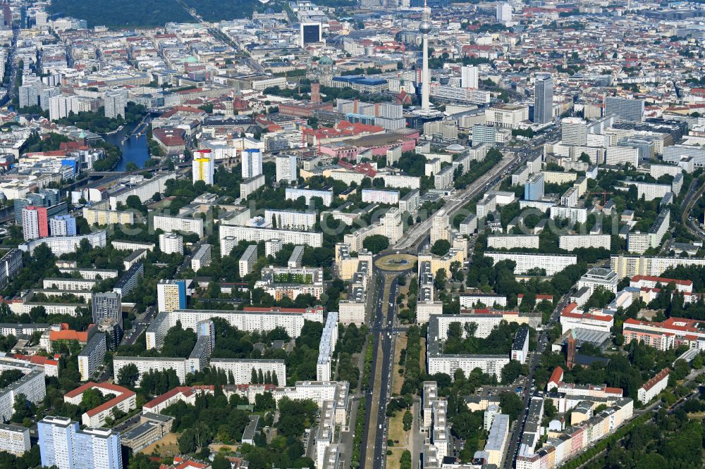 Berlin from above - Street - road guidance of Karl-Marx-Allee - vormals in DDR - Zeiten auch Stalinallee genannt - zum Strausberger Platz in the district Friedrichshain in Berlin, Germany