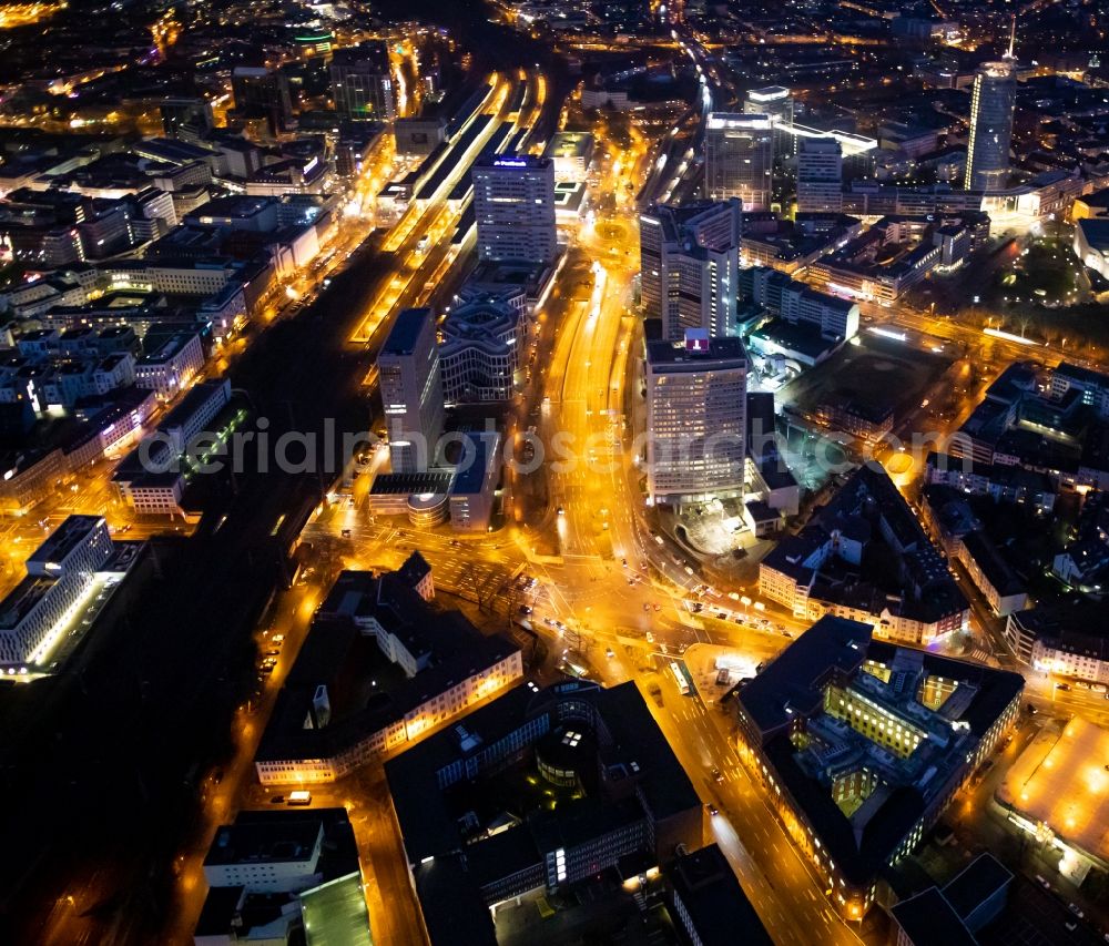 Essen from the bird's eye view: Street - road guidance of the Kruppstrasse overlooking the offfice building of the RWE Systems AG in Essen in the state North Rhine-Westphalia, Germany