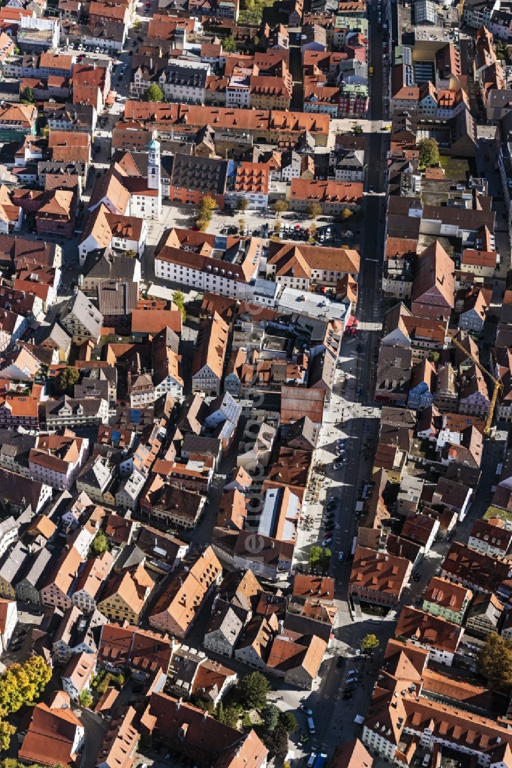 Memmingen from above - Street - road guidance of Maximilanstrasse in of Altstadt in Memmingen in the state Bavaria, Germany