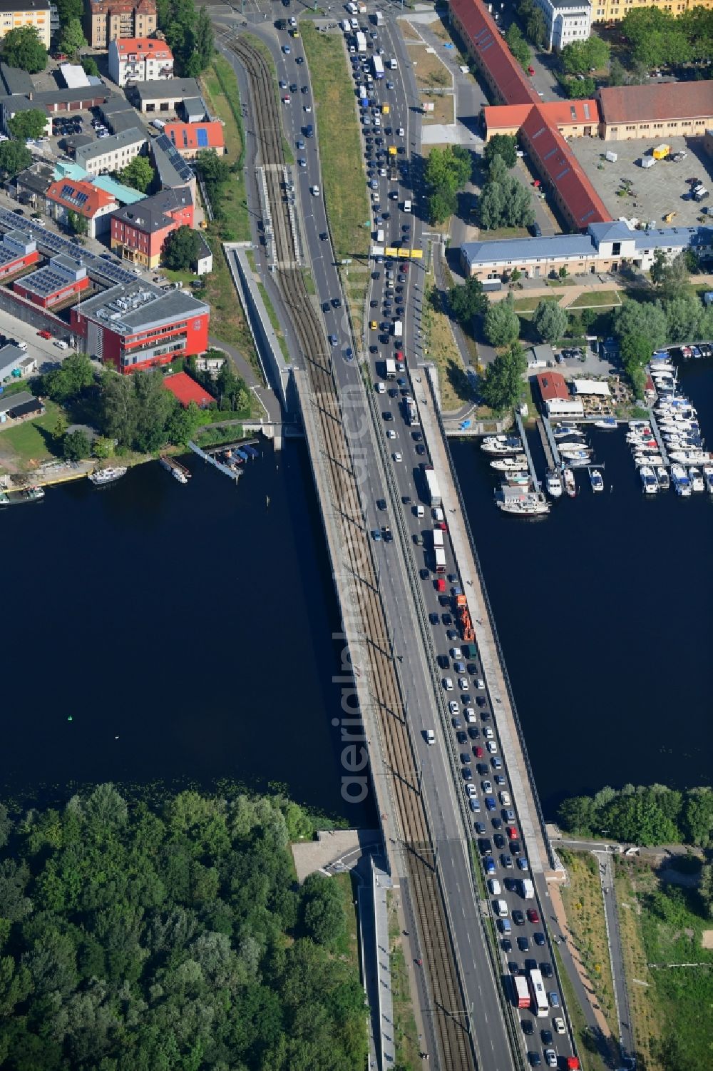 Potsdam from the bird's eye view: Route Nuthestrasse over the Humboldt Bridge in Potsdam in the state of Brandenburg, Germany