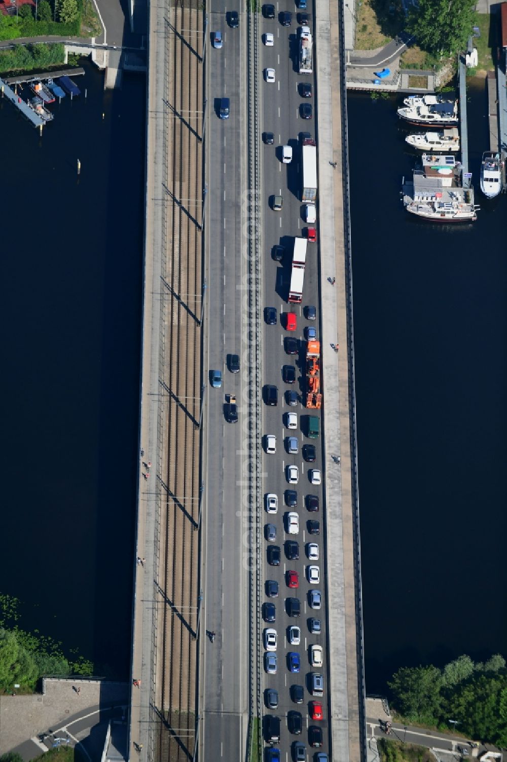 Aerial image Potsdam - Route Nuthestrasse over the Humboldt Bridge in Potsdam in the state of Brandenburg, Germany