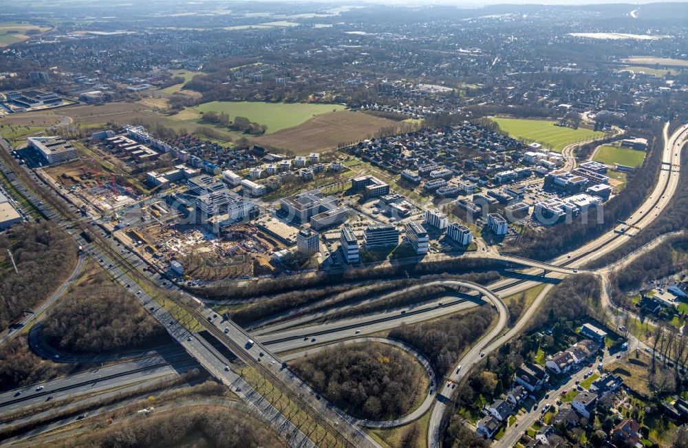 Aerial photograph Dortmund - Looped street - road guidance of B1 - B236 and commercial area on Freie-Vogel-Strasse - Stockholmer Allee - Lisboner Allee in the district Gartenstadt-Sued in Dortmund in the state North Rhine-Westphalia, Germany