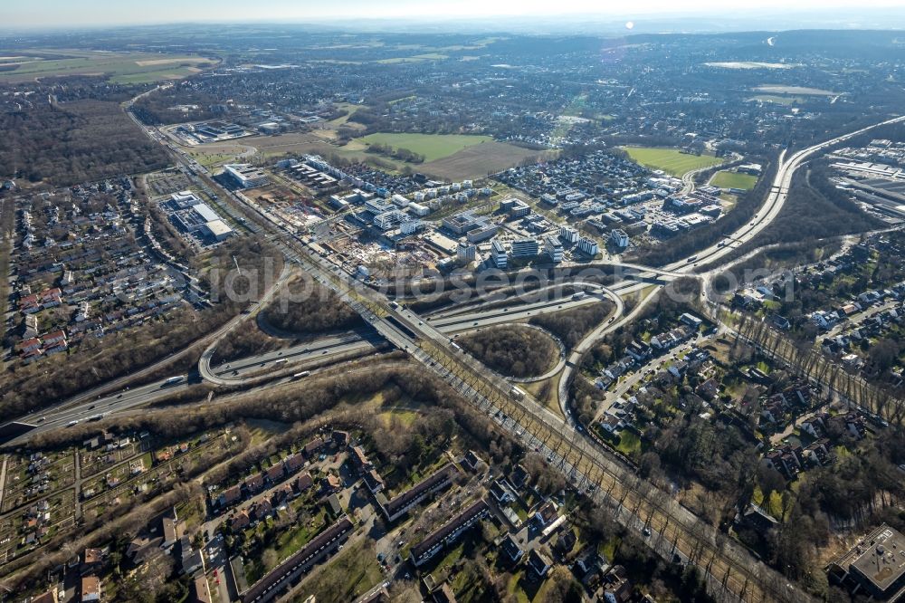 Dortmund from above - Looped street - road guidance of B1 - B236 and commercial area on Freie-Vogel-Strasse - Stockholmer Allee - Lisboner Allee in the district Gartenstadt-Sued in Dortmund in the state North Rhine-Westphalia, Germany