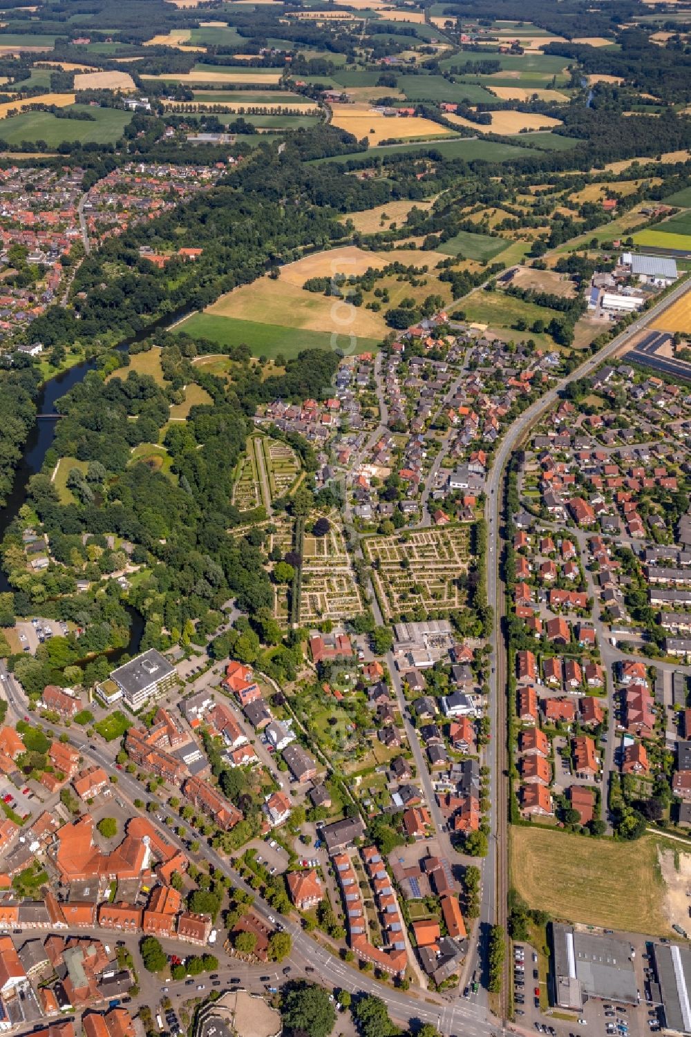 Aerial photograph Telgte - Street - road guidance of the Warendorfer Strasse in Telgte in the state North Rhine-Westphalia, Germany