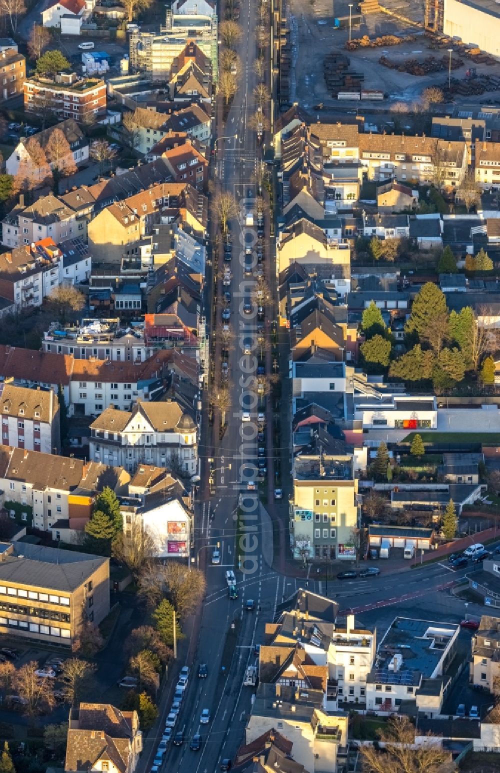 Aerial image Hamm - Street - road guidance of Wilhelmstrasse in the downtown area of the city center in Hamm at Ruhrgebiet in the state North Rhine-Westphalia, Germany