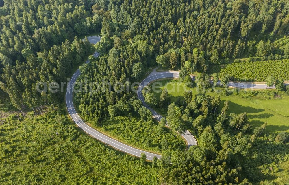 Aerial image Brilon - View of the hairpin curves at Brilon in North Rhine-Westphalia. The federal road L860 runs near the Bilstein and Hoppecke