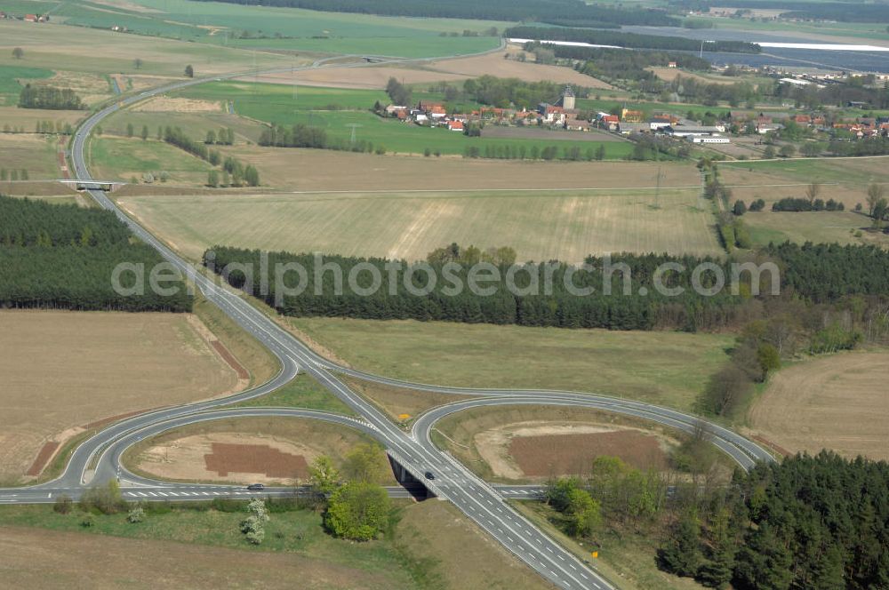 Aerial image BENSDORF - Blick auf den Strassenverlauf der L96 Ortsumgehung Bensdorf. Sie unterliegt dem Zuständigkeitsbereich Landesbetrieb Straßenwesen Niederlassung West Hauptsitz Potsdam, Steinstraße 104-106, 14480 Potsdam, Tel. +49(0)331 2334-0, Fax +49(0)331 2334-282, E-Mail: p.poststellels@ls.brandenburg.de; Die Projektsteuerung erfolgt durch Schüßler Plan Ingenieurgesellschaft mbH, Greifswalder Straße 80 A, 10405 Berlin, Tel. +49(0)30 42106 0, E-Mail: berlin@schuessler-plan.de