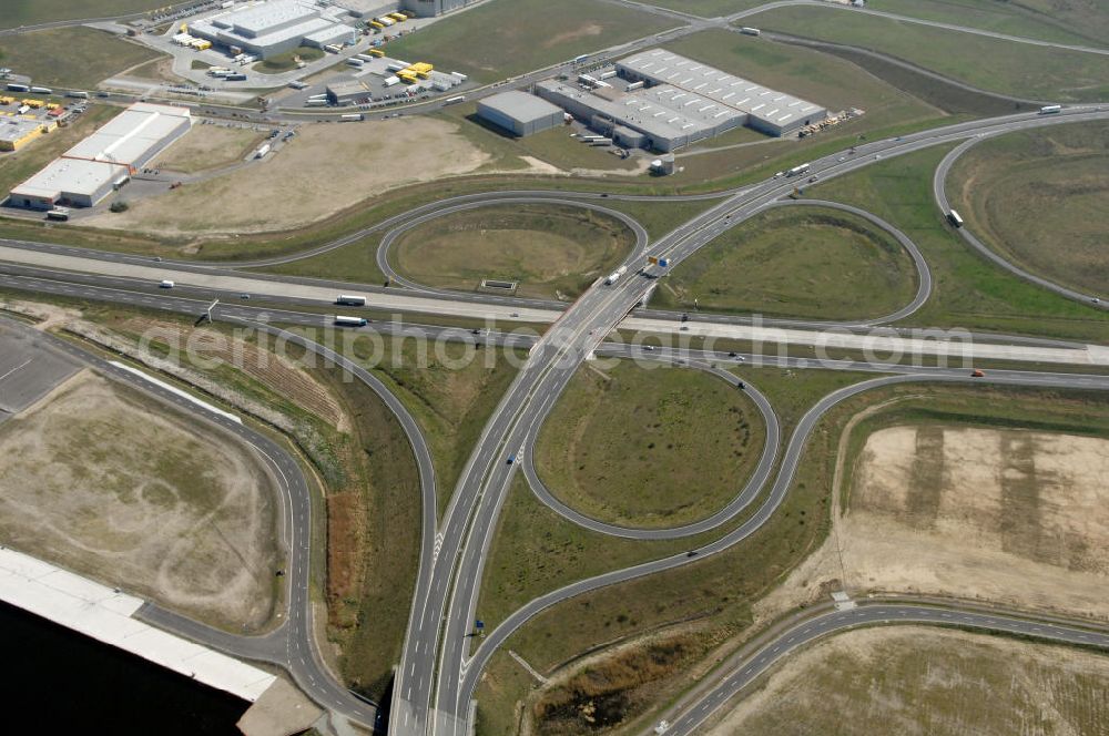 Aerial image WUSTERMARK - Blick auf den Strassenverlauf der B5 Ortsumgehung Wustermark. Sie unterliegt dem Zuständigkeitsbereich Landesbetrieb Straßenwesen Niederlassung West Hauptsitz Potsdam, Steinstraße 104-106, 14480 Potsdam, Tel. +49(0)331 2334-0, Fax +49(0)331 2334-282, E-Mail: p.poststellels@ls.brandenburg.de; Die Projektsteuerung erfolgt durch Schüßler Plan Ingenieurgesellschaft mbH, Greifswalder Straße 80 A, 10405 Berlin, Tel. +49(0)30 42106 0, E-Mail: berlin@schuessler-plan.de