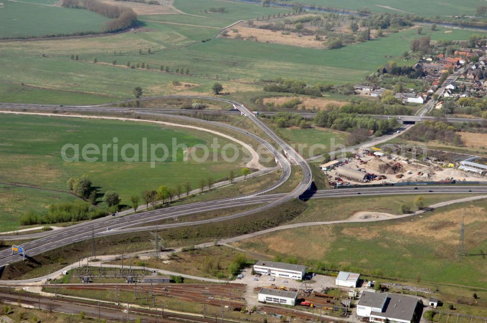 Aerial image WUSTERMARK - Blick auf den Strassenverlauf der B5 Ortsumgehung Wustermark. Sie unterliegt dem Zuständigkeitsbereich Landesbetrieb Straßenwesen Niederlassung West Hauptsitz Potsdam, Steinstraße 104-106, 14480 Potsdam, Tel. +49(0)331 2334-0, Fax +49(0)331 2334-282, E-Mail: p.poststellels@ls.brandenburg.de; Die Projektsteuerung erfolgt durch Schüßler Plan Ingenieurgesellschaft mbH, Greifswalder Straße 80 A, 10405 Berlin, Tel. +49(0)30 42106 0, E-Mail: berlin@schuessler-plan.de