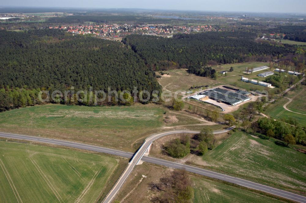 Aerial image WUSTERWITZ - Blick auf den Strassenverlauf der L96 Ortsumgehung Wusterwitz. Sie unterliegt dem Zuständigkeitsbereich Landesbetrieb Straßenwesen Niederlassung West Hauptsitz Potsdam, Steinstraße 104-106, 14480 Potsdam, Tel. +49(0)331 2334-0, Fax +49(0)331 2334-282, E-Mail: p.poststellels@ls.brandenburg.de; Die Projektsteuerung erfolgt durch Schüßler Plan Ingenieurgesellschaft mbH, Greifswalder Straße 80 A, 10405 Berlin, Tel. +49(0)30 42106 0, E-Mail: berlin@schuessler-plan.de