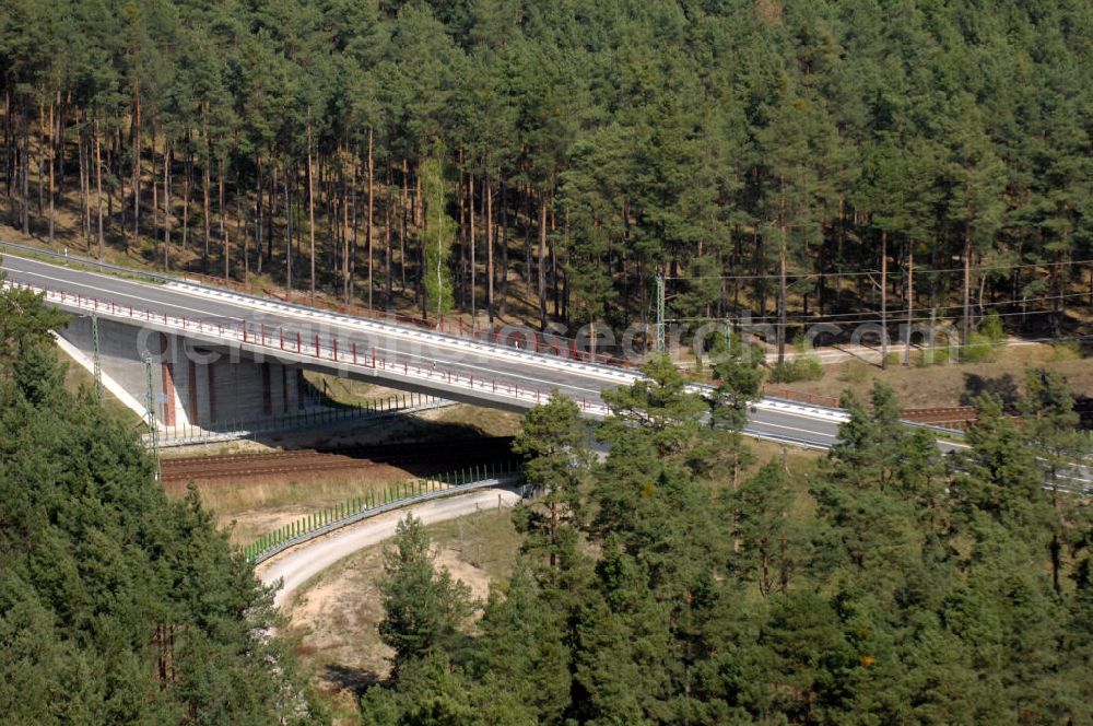 WUSTERWITZ from the bird's eye view: Blick auf den Strassenverlauf der L96 Ortsumgehung Wusterwitz. Sie unterliegt dem Zuständigkeitsbereich Landesbetrieb Straßenwesen Niederlassung West Hauptsitz Potsdam, Steinstraße 104-106, 14480 Potsdam, Tel. +49(0)331 2334-0, Fax +49(0)331 2334-282, E-Mail: p.poststellels@ls.brandenburg.de; Die Projektsteuerung erfolgt durch Schüßler Plan Ingenieurgesellschaft mbH, Greifswalder Straße 80 A, 10405 Berlin, Tel. +49(0)30 42106 0, E-Mail: berlin@schuessler-plan.de