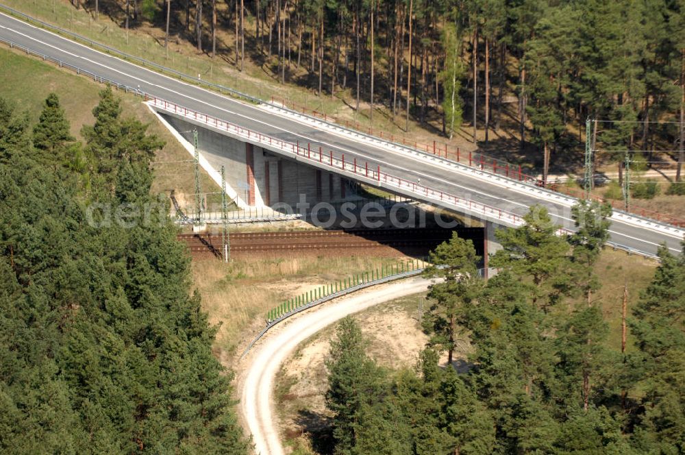 Aerial image WUSTERWITZ - Blick auf den Strassenverlauf der L96 Ortsumgehung Wusterwitz. Sie unterliegt dem Zuständigkeitsbereich Landesbetrieb Straßenwesen Niederlassung West Hauptsitz Potsdam, Steinstraße 104-106, 14480 Potsdam, Tel. +49(0)331 2334-0, Fax +49(0)331 2334-282, E-Mail: p.poststellels@ls.brandenburg.de; Die Projektsteuerung erfolgt durch Schüßler Plan Ingenieurgesellschaft mbH, Greifswalder Straße 80 A, 10405 Berlin, Tel. +49(0)30 42106 0, E-Mail: berlin@schuessler-plan.de