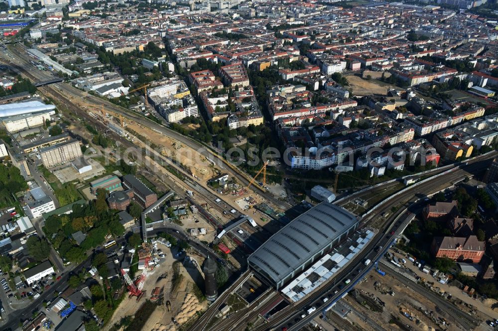 Berlin Friedrichshain from the bird's eye view: Route expansion station -Warschauer road to east cross rail station Ostkreuz Friedrichshain district of Berlin