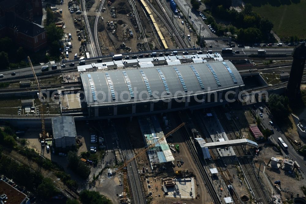 Berlin Friedrichshain from the bird's eye view: Route expansion station -Warschauer road to east cross rail station Ostkreuz Friedrichshain district of Berlin