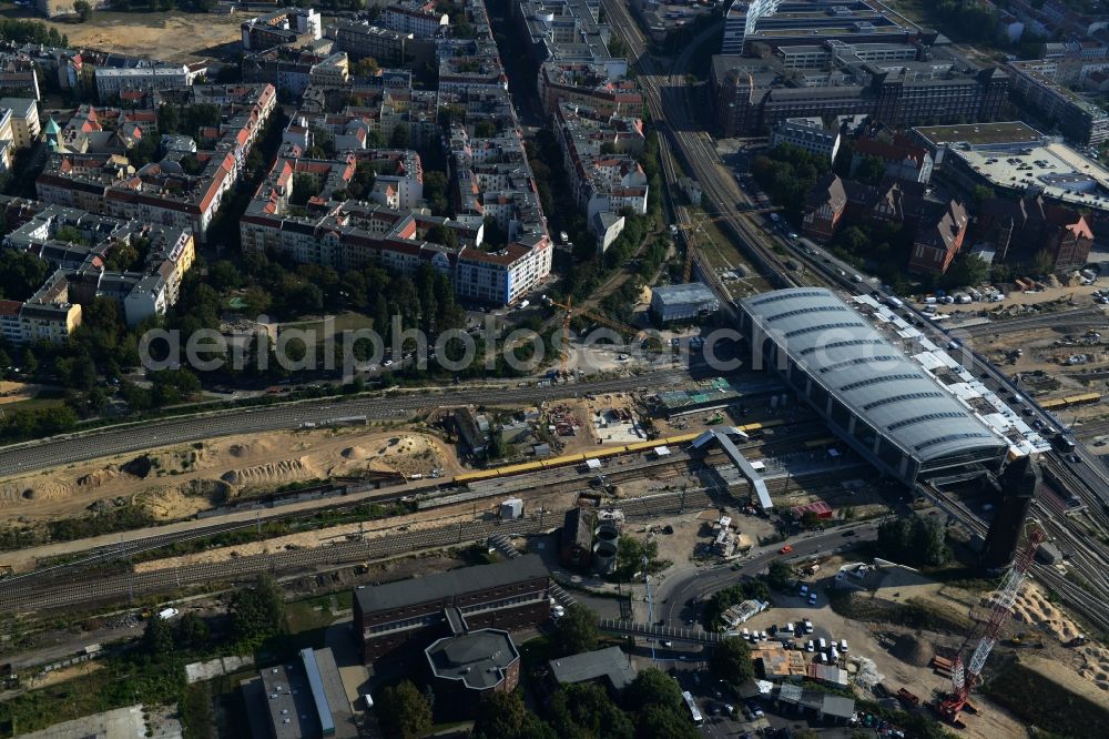 Berlin Friedrichshain from the bird's eye view: Route expansion station -Warschauer road to east cross rail station Ostkreuz Friedrichshain district of Berlin