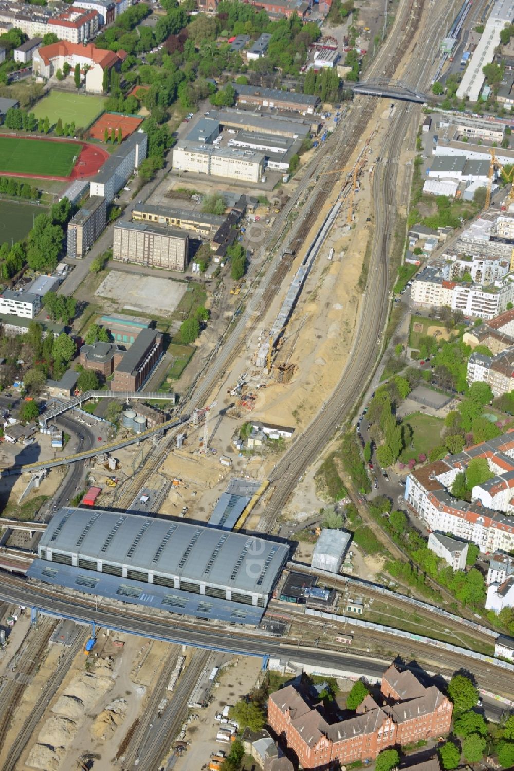 Berlin from above - Route expansion station -Warschauer road to east cross rail station Ostkreuz Friedrichshain district of Berlin