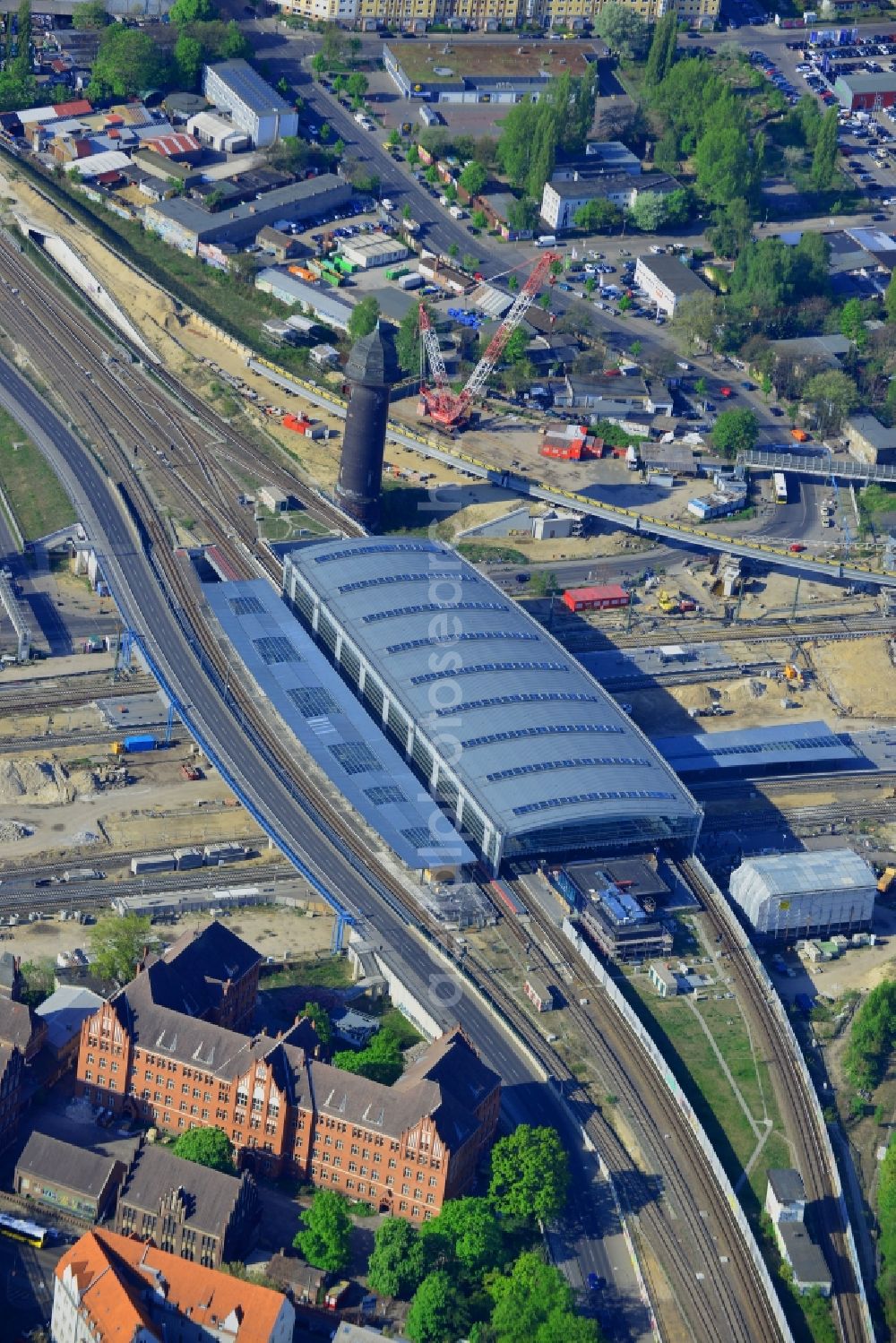 Aerial image Berlin - Route expansion station -Warschauer road to east cross rail station Ostkreuz Friedrichshain district of Berlin