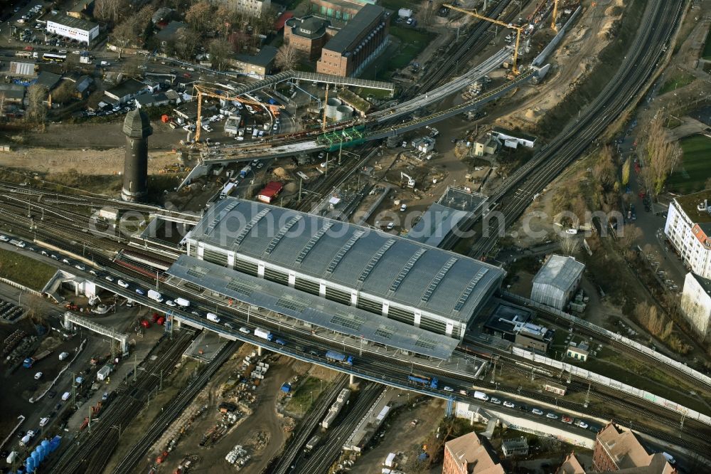 Berlin from above - Route expansion station -Warschauer road to east cross rail station Ostkreuz Friedrichshain district of Berlin