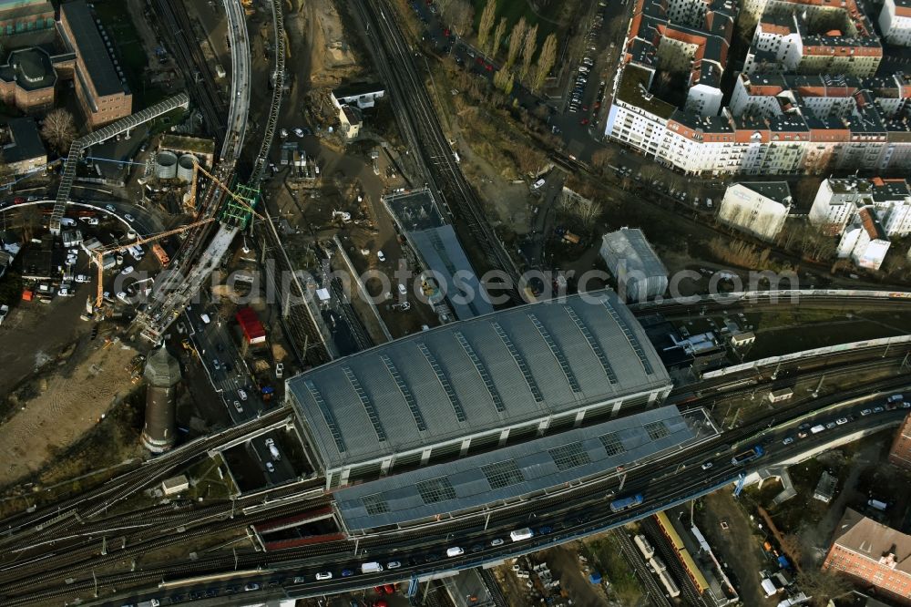 Aerial image Berlin - Route expansion station -Warschauer road to east cross rail station Ostkreuz Friedrichshain district of Berlin