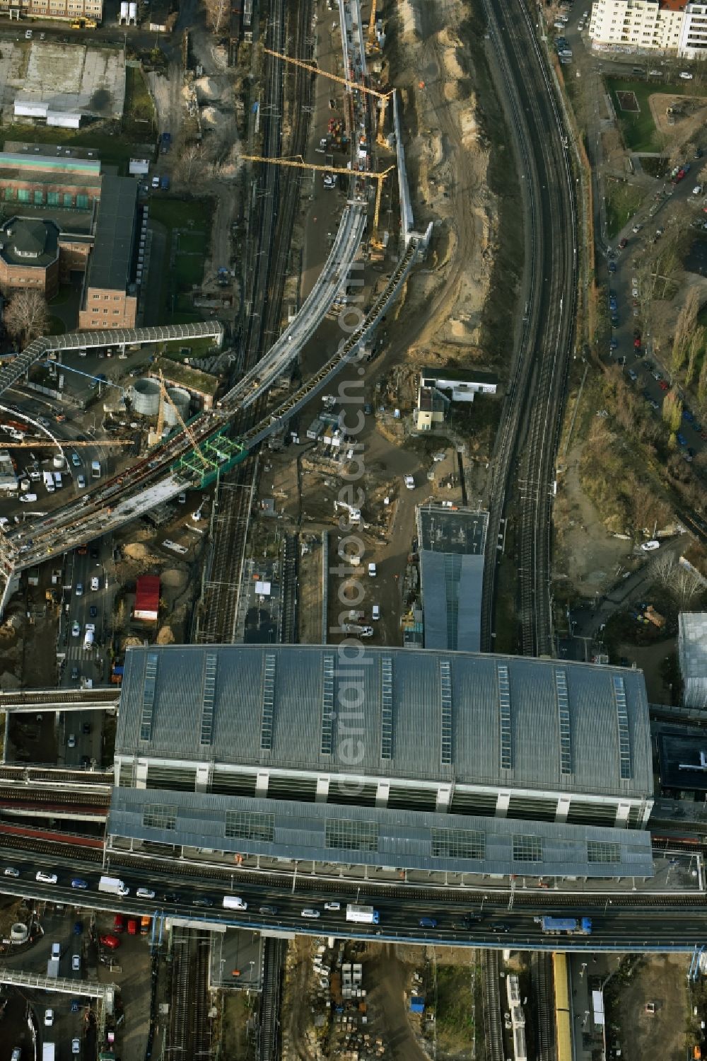 Berlin from above - Route expansion station -Warschauer road to east cross rail station Ostkreuz Friedrichshain district of Berlin