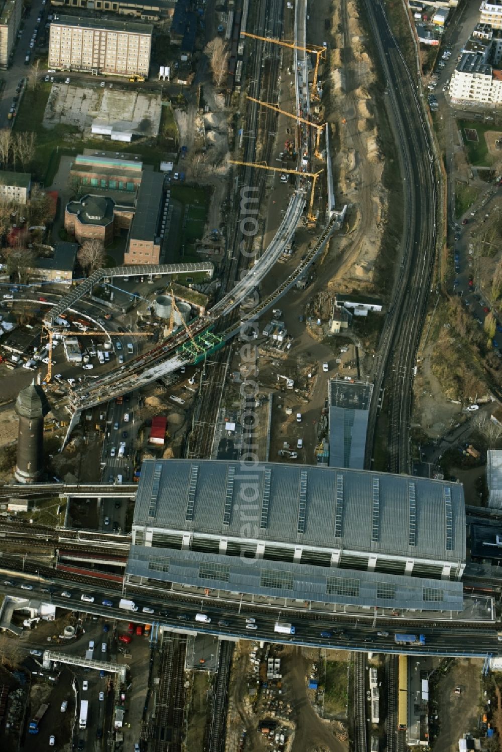 Berlin from the bird's eye view: Route expansion station -Warschauer road to east cross rail station Ostkreuz Friedrichshain district of Berlin