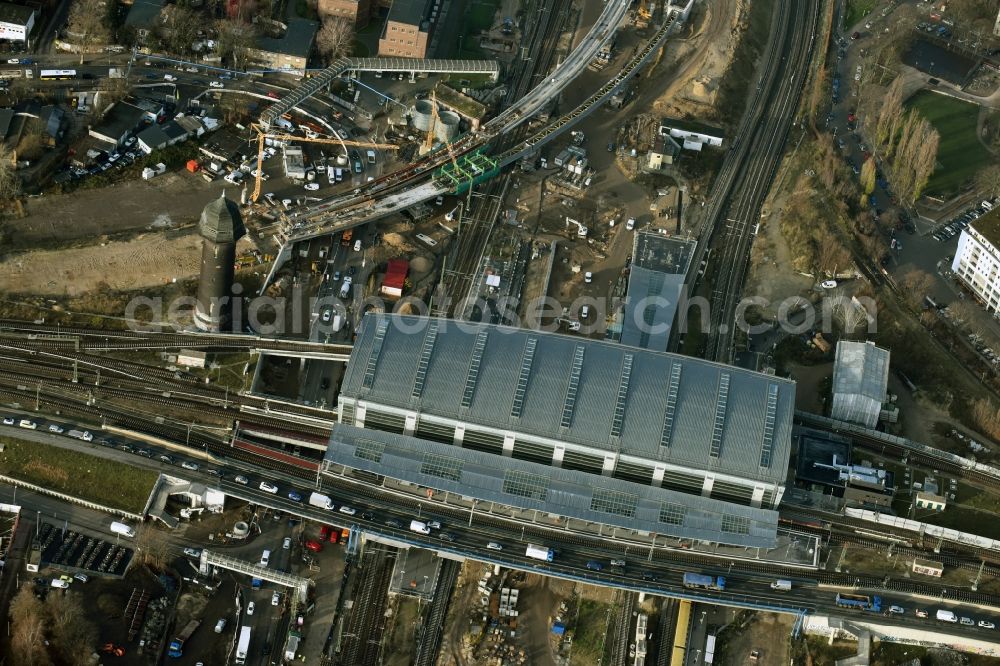 Aerial image Berlin - Route expansion station -Warschauer road to east cross rail station Ostkreuz Friedrichshain district of Berlin