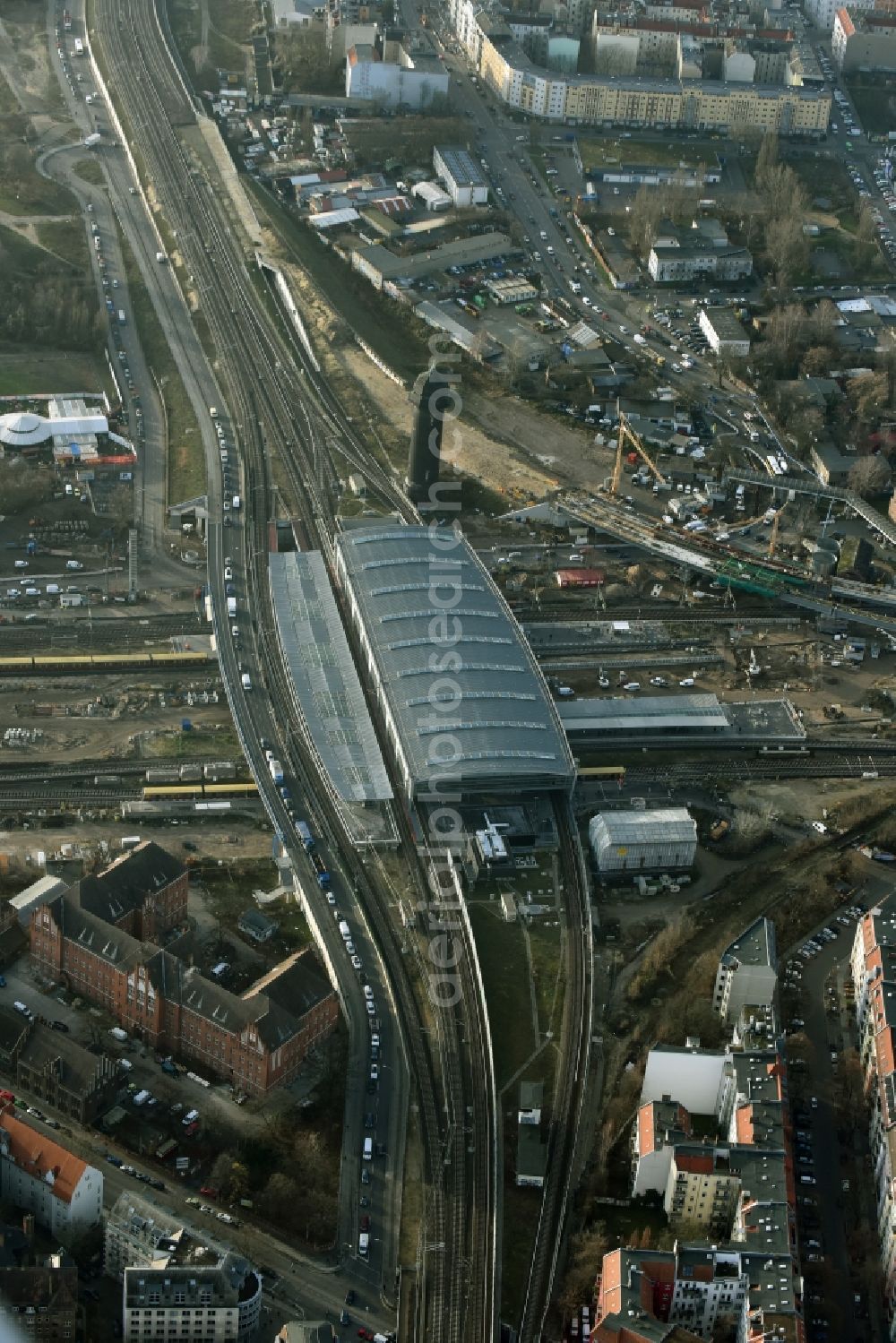 Aerial photograph Berlin - Route expansion station -Warschauer road to east cross rail station Ostkreuz Friedrichshain district of Berlin