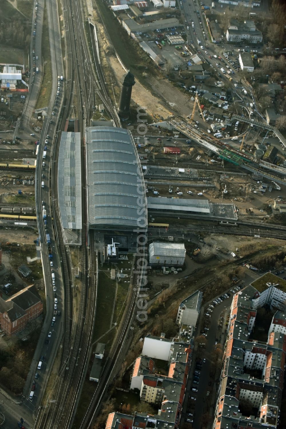 Berlin from above - Route expansion station -Warschauer road to east cross rail station Ostkreuz Friedrichshain district of Berlin