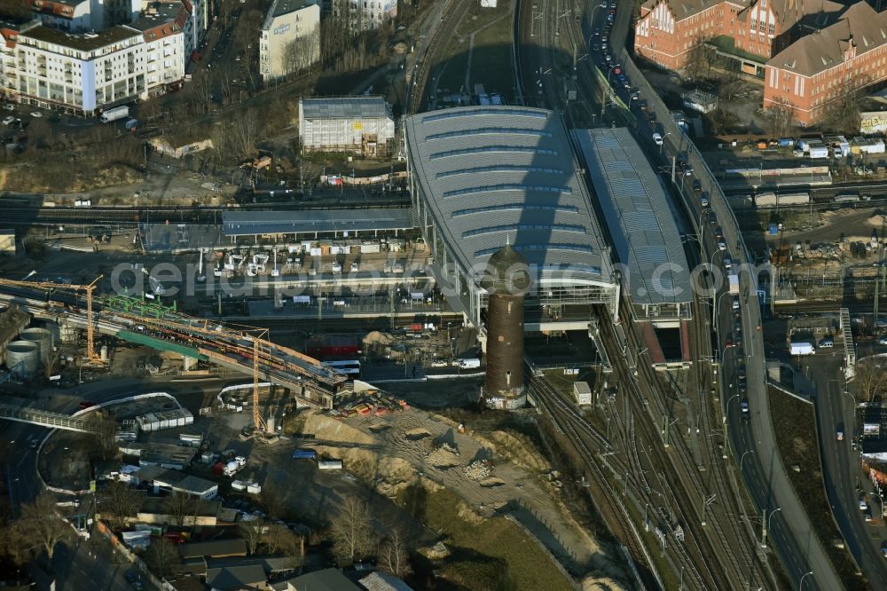 Berlin from above - Route expansion station -Warschauer road to east cross rail station Ostkreuz Friedrichshain district of Berlin