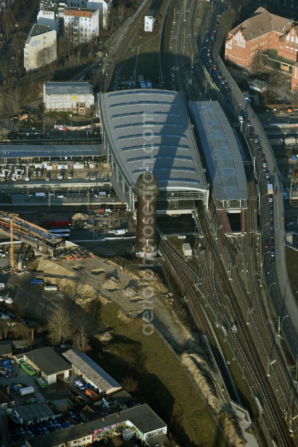 Berlin from the bird's eye view: Route expansion station -Warschauer road to east cross rail station Ostkreuz Friedrichshain district of Berlin