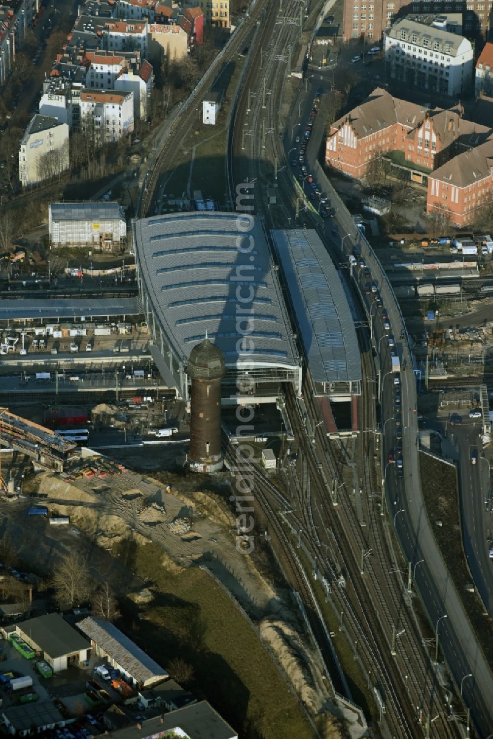 Aerial image Berlin - Route expansion station -Warschauer road to east cross rail station Ostkreuz Friedrichshain district of Berlin