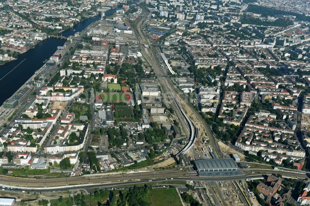 Aerial photograph Berlin - Route expansion station -Warschauer road to east cross rail station Ostkreuz Friedrichshain district of Berlin