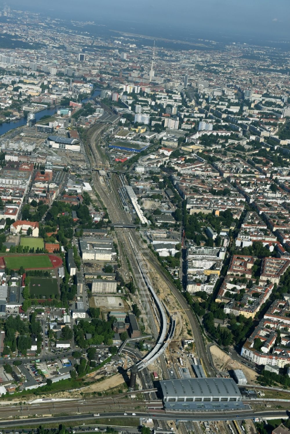 Aerial image Berlin - Route expansion station -Warschauer road to east cross rail station Ostkreuz Friedrichshain district of Berlin