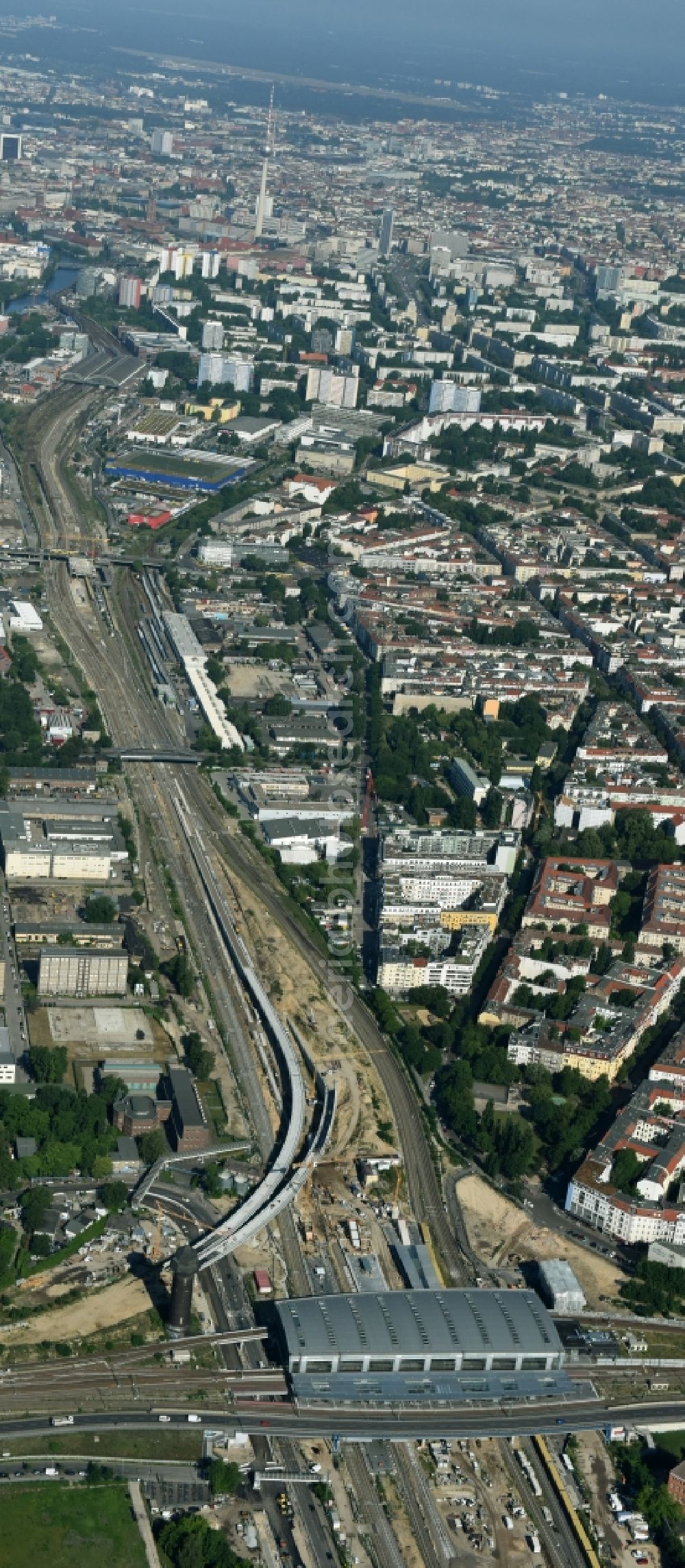 Aerial photograph Berlin - Route expansion station -Warschauer road to east cross rail station Ostkreuz Friedrichshain district of Berlin