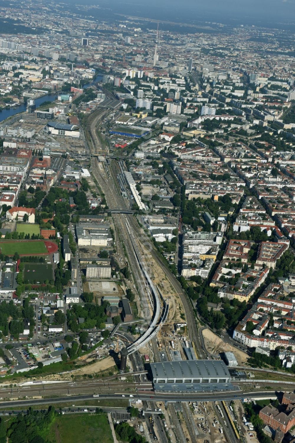 Berlin from above - Route expansion station -Warschauer road to east cross rail station Ostkreuz Friedrichshain district of Berlin