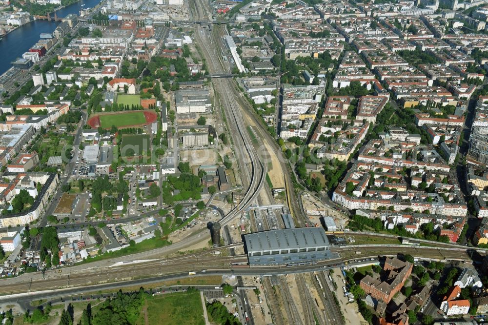 Berlin from above - Route expansion station -Warschauer road to east cross rail station Ostkreuz Friedrichshain district of Berlin