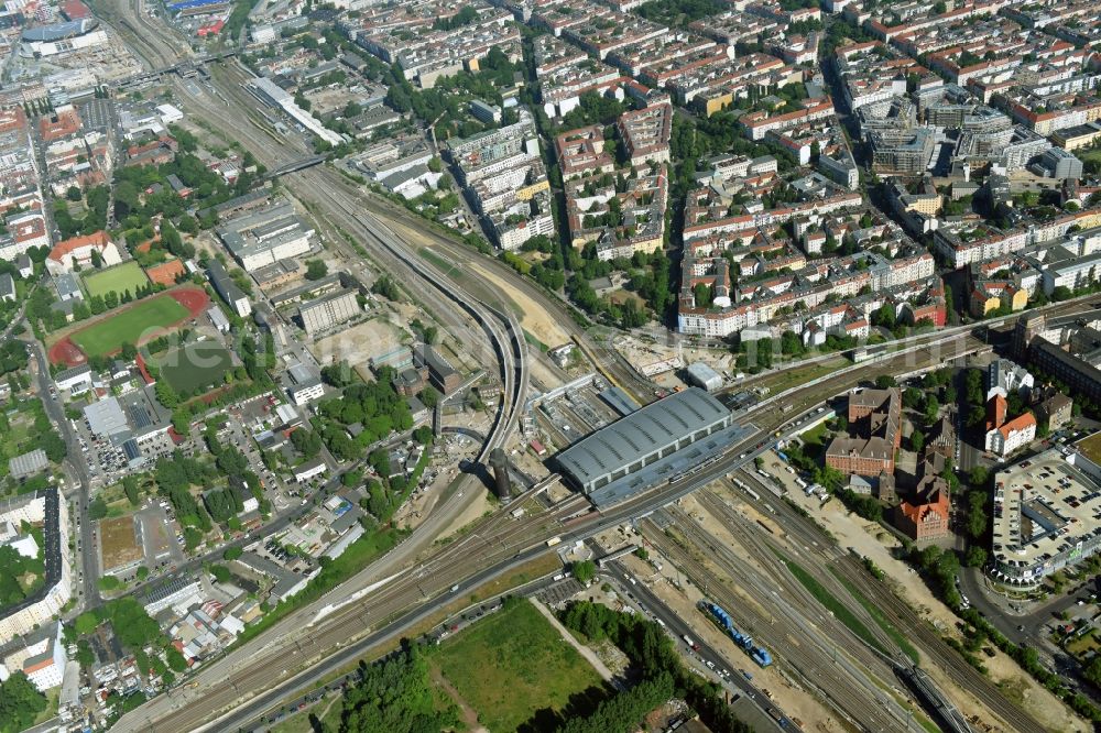 Berlin from the bird's eye view: Route expansion station -Warschauer road to east cross rail station Ostkreuz Friedrichshain district of Berlin