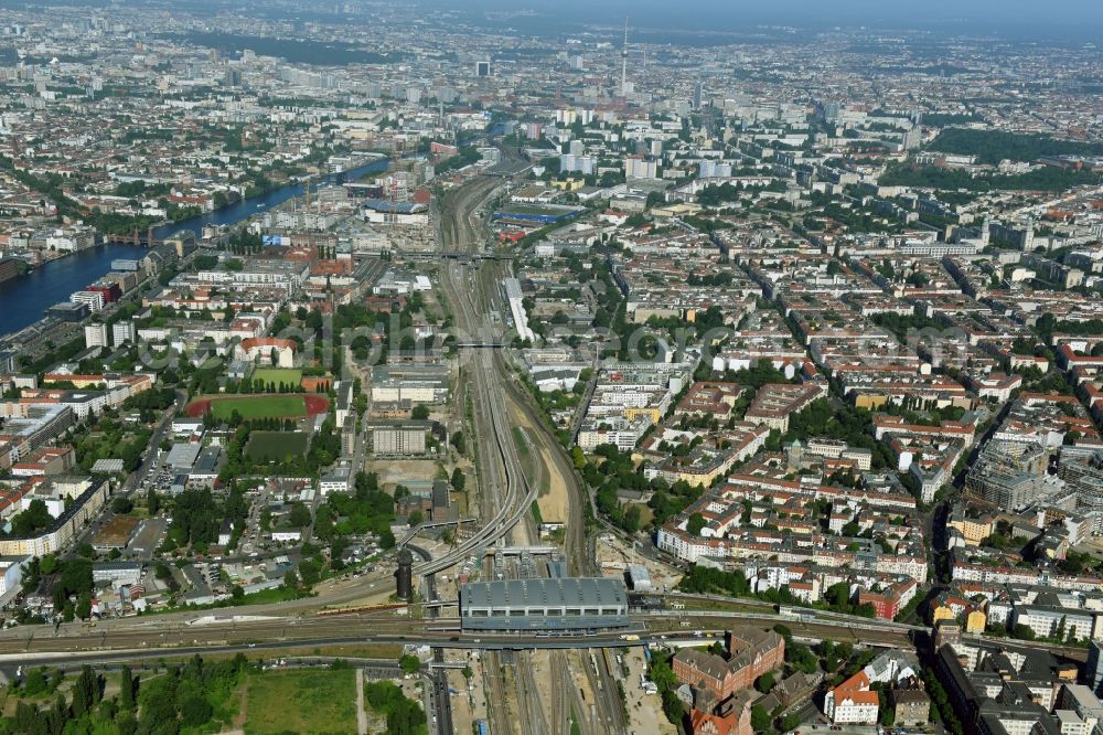 Aerial photograph Berlin - Route expansion station -Warschauer road to east cross rail station Ostkreuz Friedrichshain district of Berlin