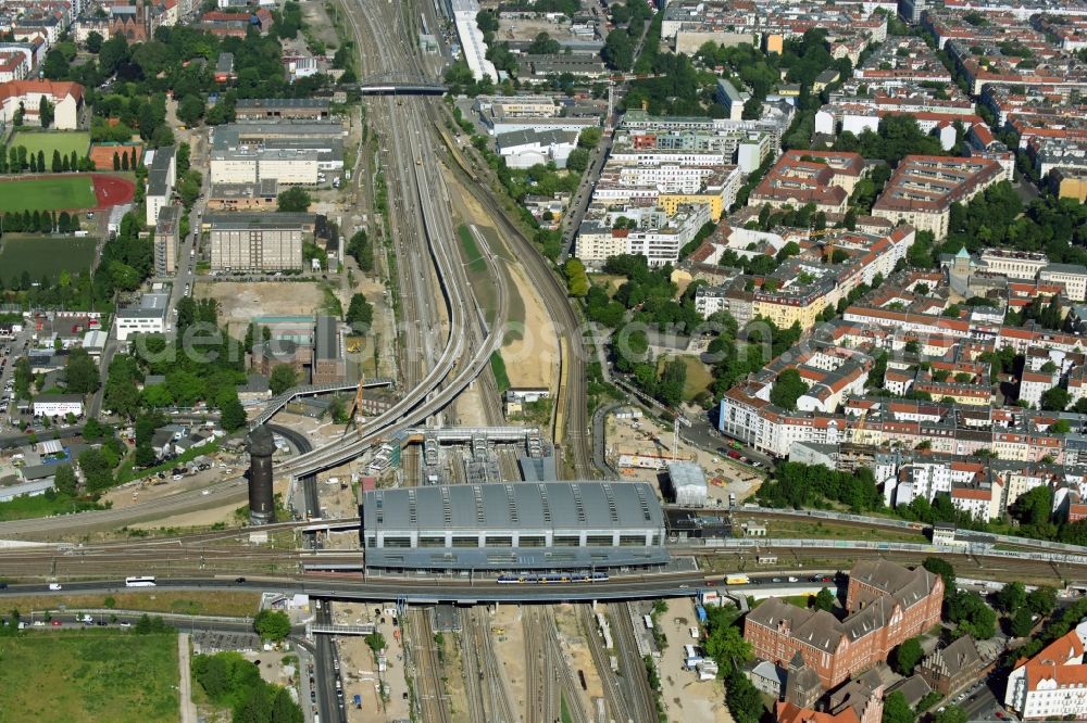 Aerial image Berlin - Route expansion station -Warschauer road to east cross rail station Ostkreuz Friedrichshain district of Berlin