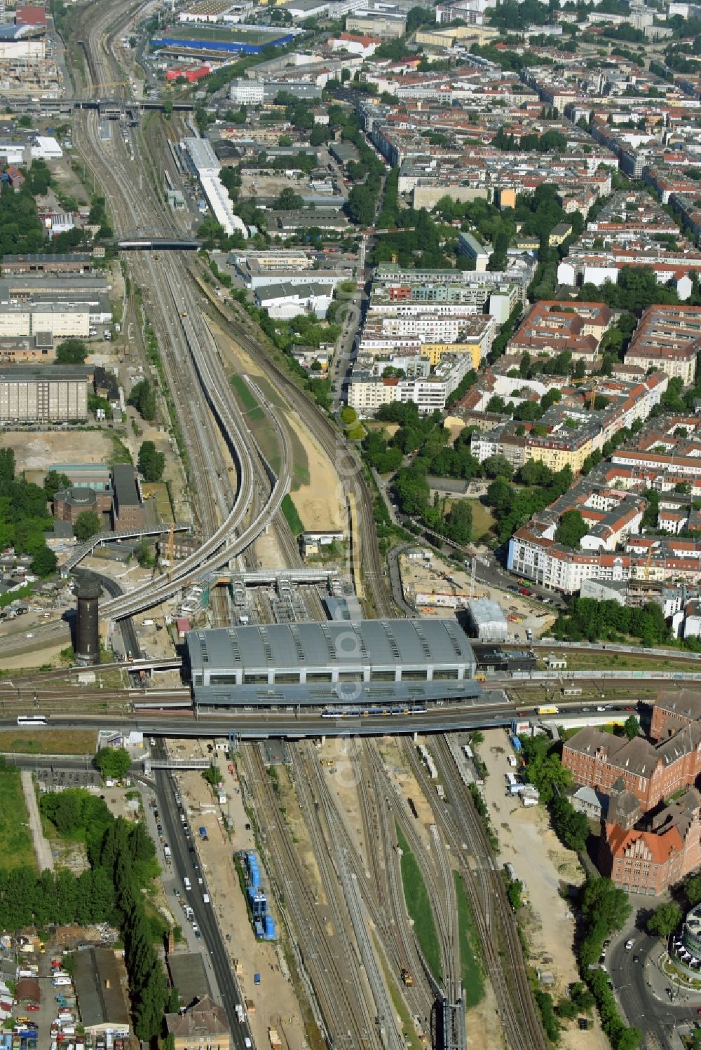 Aerial photograph Berlin - Route expansion station -Warschauer road to east cross rail station Ostkreuz Friedrichshain district of Berlin