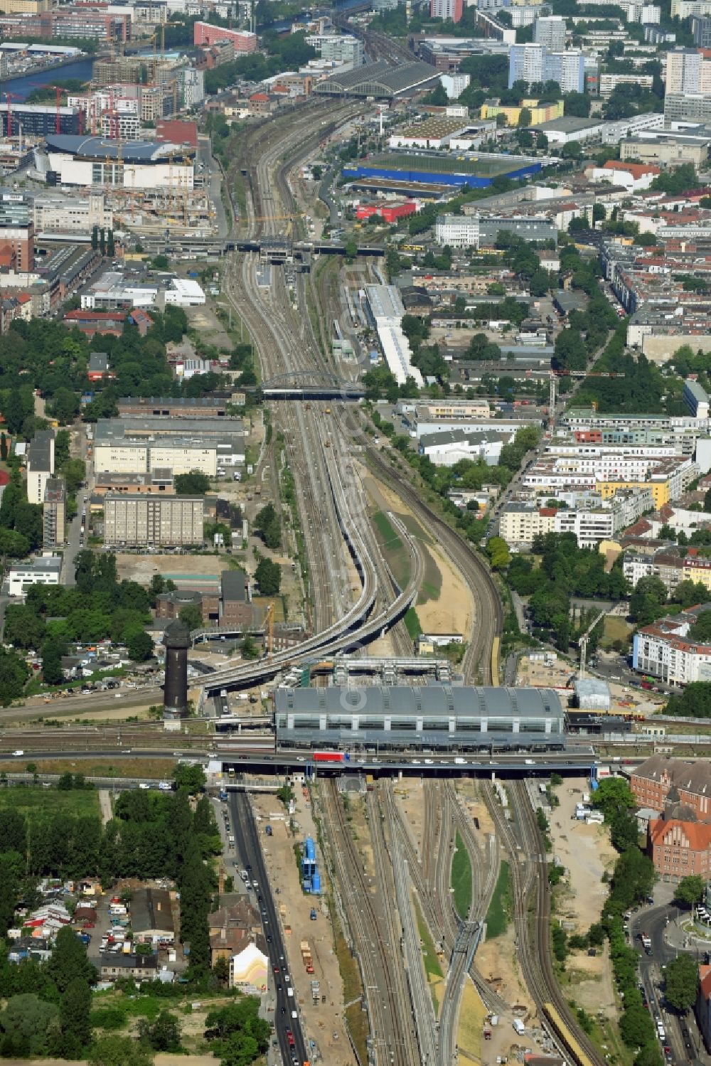 Berlin from above - Route expansion station -Warschauer road to east cross rail station Ostkreuz Friedrichshain district of Berlin