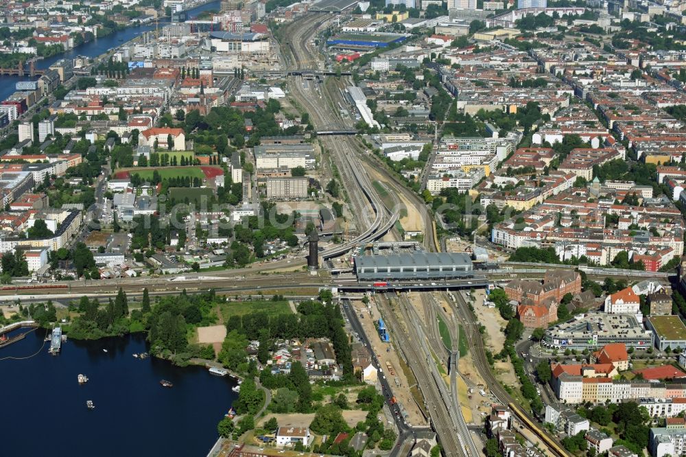 Aerial image Berlin - Route expansion station -Warschauer road to east cross rail station Ostkreuz Friedrichshain district of Berlin