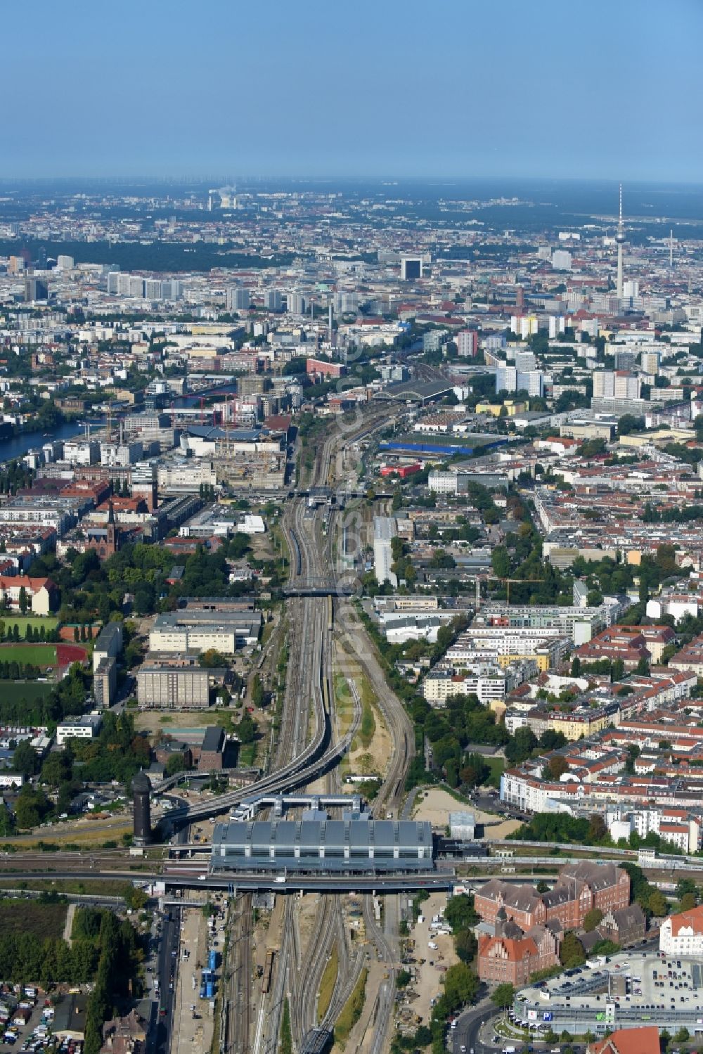 Aerial photograph Berlin - Route expansion station -Warschauer road to east cross rail station Ostkreuz Friedrichshain district of Berlin