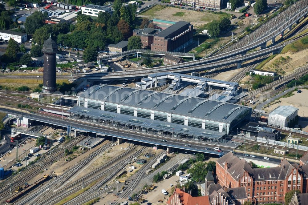 Berlin from the bird's eye view: Route expansion station -Warschauer road to east cross rail station Ostkreuz Friedrichshain district of Berlin