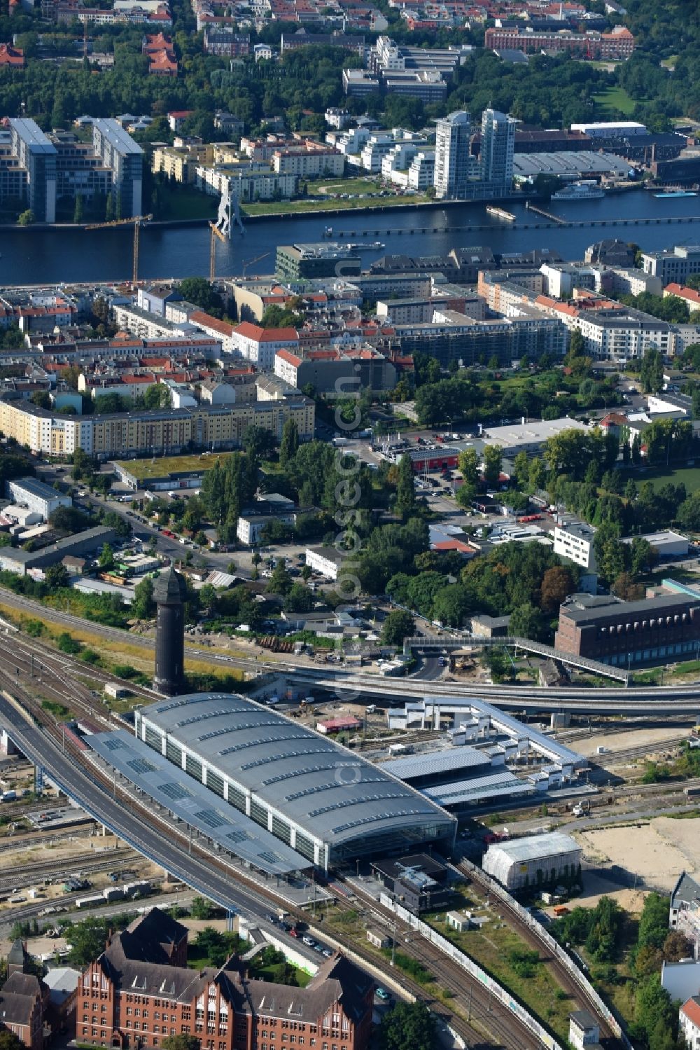 Aerial photograph Berlin - Route expansion station -Warschauer road to east cross rail station Ostkreuz Friedrichshain district of Berlin