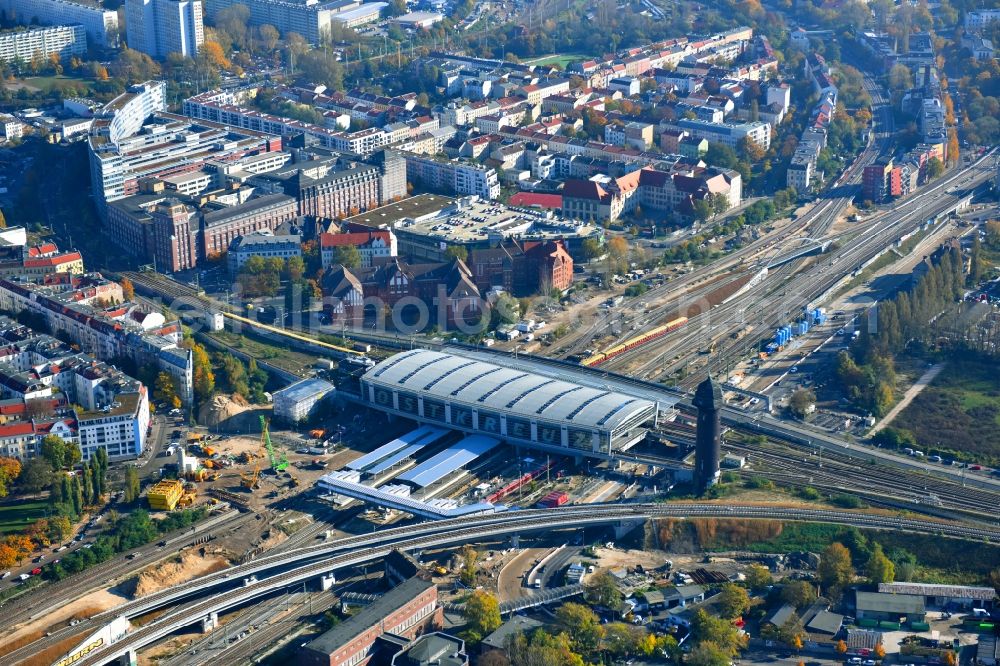 Berlin from above - Route expansion station -Warschauer road to east cross rail station Ostkreuz Friedrichshain district of Berlin